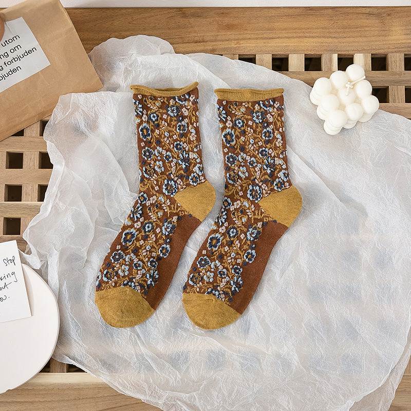 Broken Flower Forest Socks In Pastoral Style Curled Folds Flowers In Tube Limorista