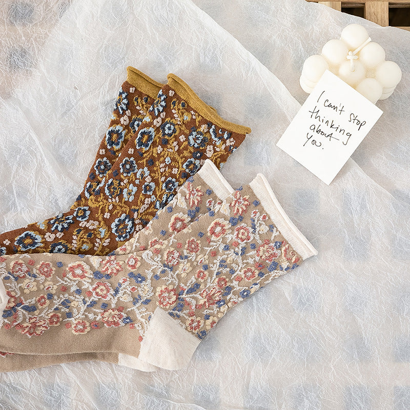 Broken Flower Forest Socks In Pastoral Style Curled Folds Flowers In Tube Limorista