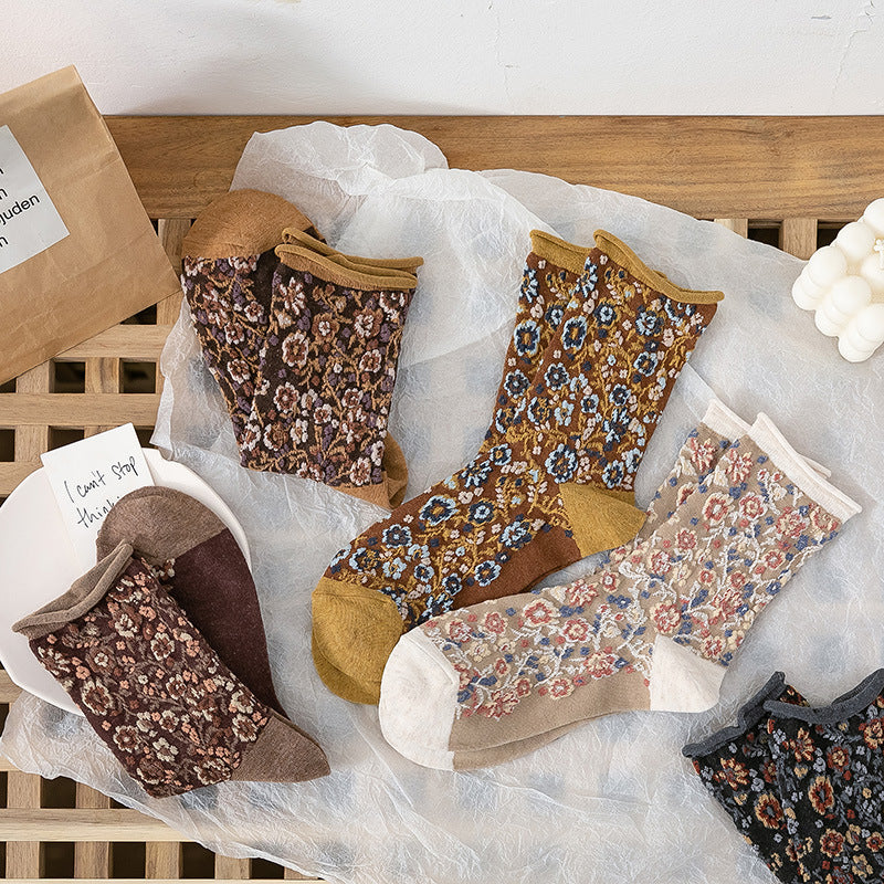 Broken Flower Forest Socks In Pastoral Style Curled Folds Flowers In Tube Limorista