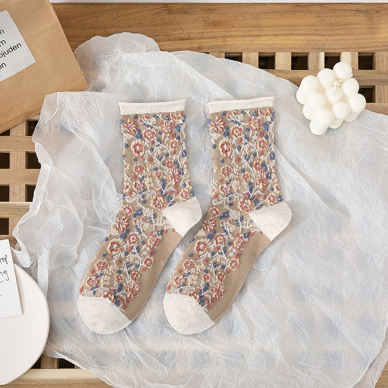 Broken Flower Forest Socks In Pastoral Style Curled Folds Flowers In Tube Limorista