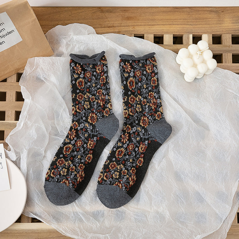 Broken Flower Forest Socks In Pastoral Style Curled Folds Flowers In Tube Limorista