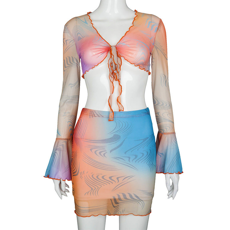 Printed Mesh Long-sleeved Two-piece Skirt Suit Limorista