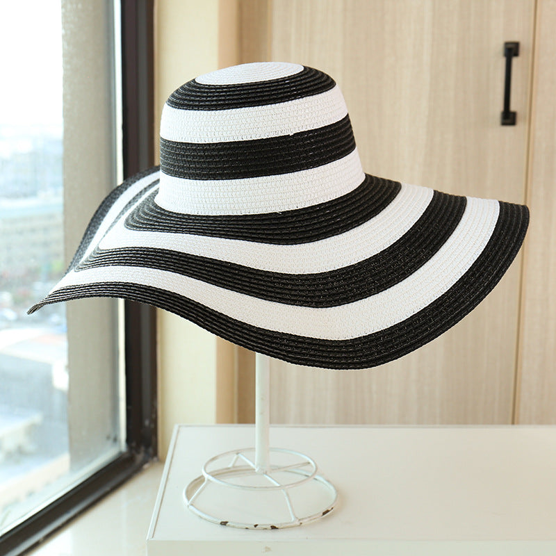 Striped Beach Hat Sun Visor Straw Hat Large Brimmed Hat Women Limorista