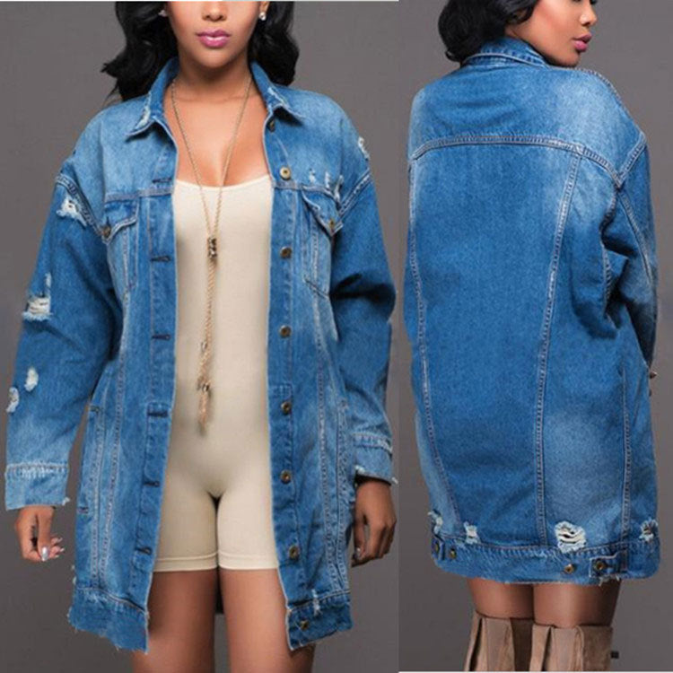 Limorista - Mid-length Dark Ripped Denim Trench Coat