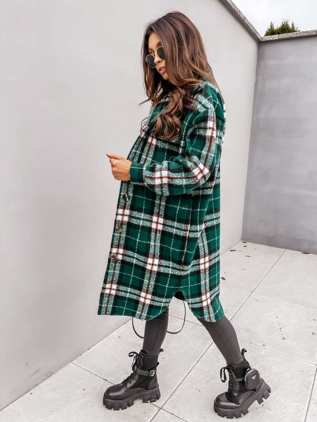 Button Lapel Casual Warm Plaid Long Woolen Coat Limorista