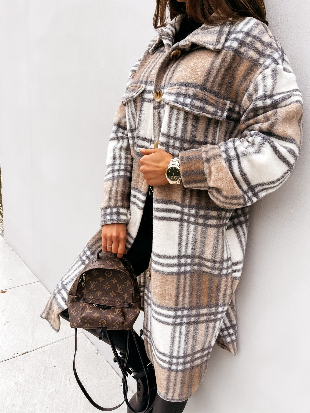 Button Lapel Casual Warm Plaid Long Woolen Coat Limorista