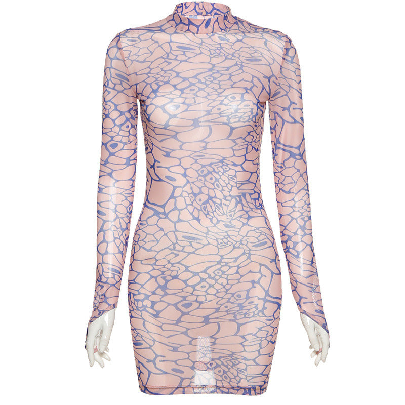 Simenual Digital Print Mesh Hot Bodycon Dress Women Long Sleeve Finger Buckle Partywear Transparent Club Sexy Hot Mini Dresses Limorista