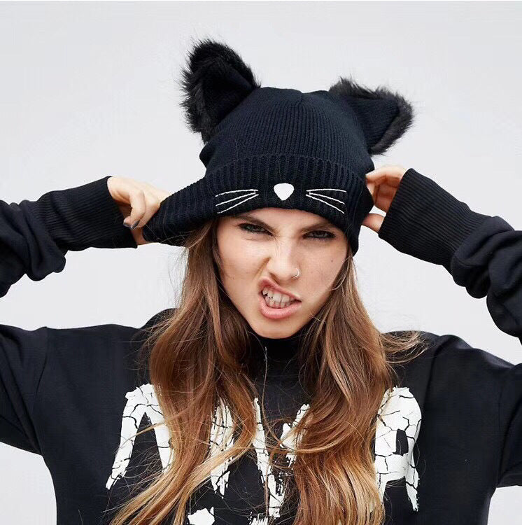 Ladies Casual Cat Embroidery Woolen Hat Limorista