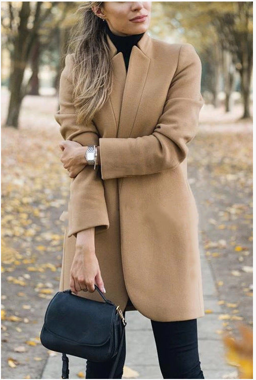 Fall Winter New Style European And American Fashion Solid Color Stand-Up Collar Woolen Jacket Limorista