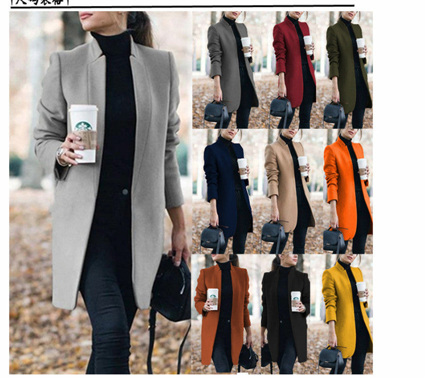 Fall Winter New Style European And American Fashion Solid Color Stand-Up Collar Woolen Jacket Limorista