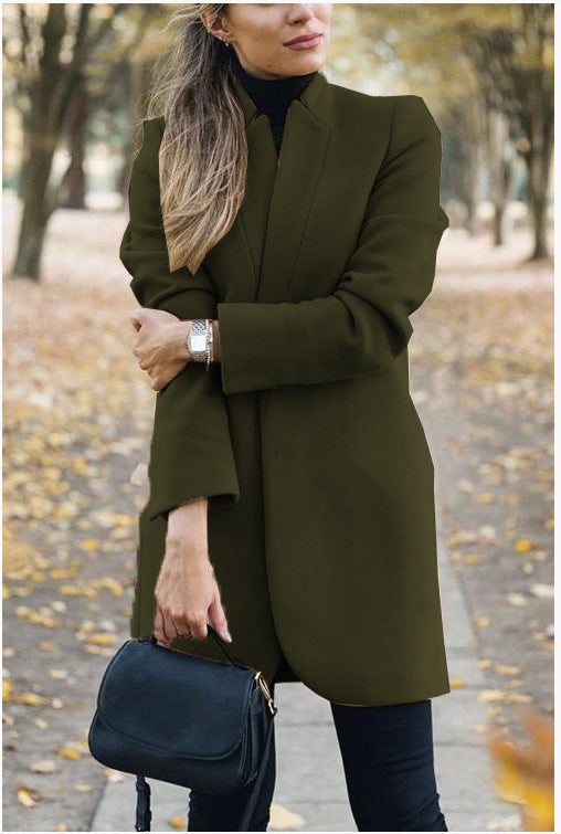 Fall Winter New Style European And American Fashion Solid Color Stand-Up Collar Woolen Jacket Limorista