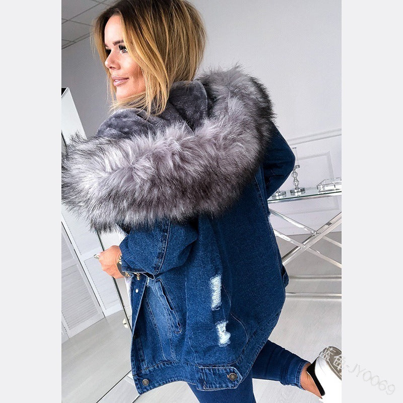 European And American Retro Big Fur Collar Denim Jacket Temperament Commuting To Keep Warm Mid-Length Broken Hole Distressed Coat Limorista