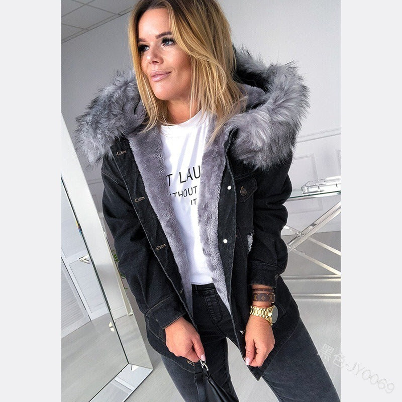 European And American Retro Big Fur Collar Denim Jacket Temperament Commuting To Keep Warm Mid-Length Broken Hole Distressed Coat Limorista