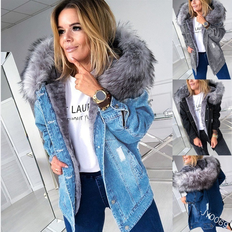 European And American Retro Big Fur Collar Denim Jacket Temperament Commuting To Keep Warm Mid-Length Broken Hole Distressed Coat Limorista