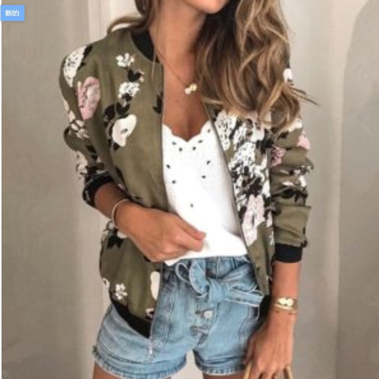 Fashion Printed Round Neck Zipper Long Sleeve Coat Limorista