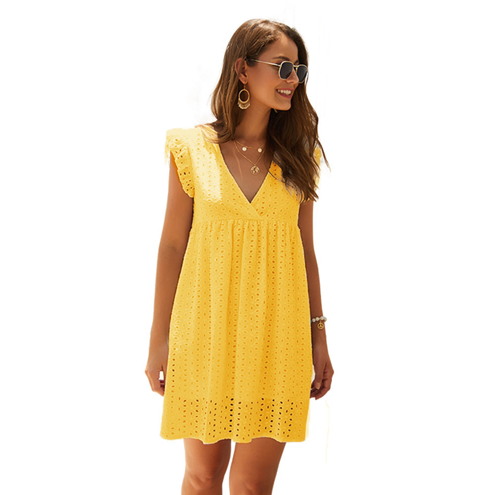 Summer V-neck Cotton Short Skirt Solid Color Dress Limorista