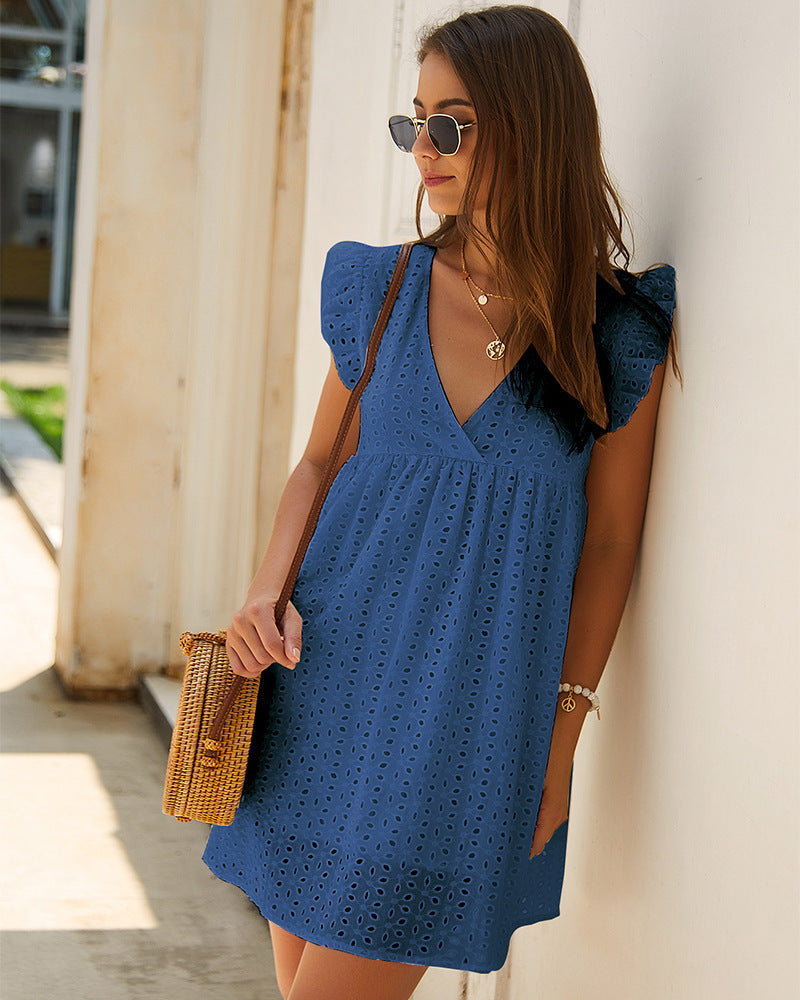 Summer V-neck Cotton Short Skirt Solid Color Dress Limorista