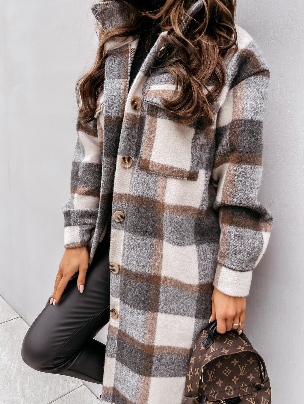 Button Lapel Casual Warm Plaid Long Woolen Coat Limorista