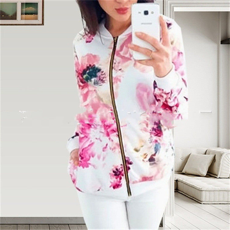 Fashion Printed Round Neck Zipper Long Sleeve Coat Limorista
