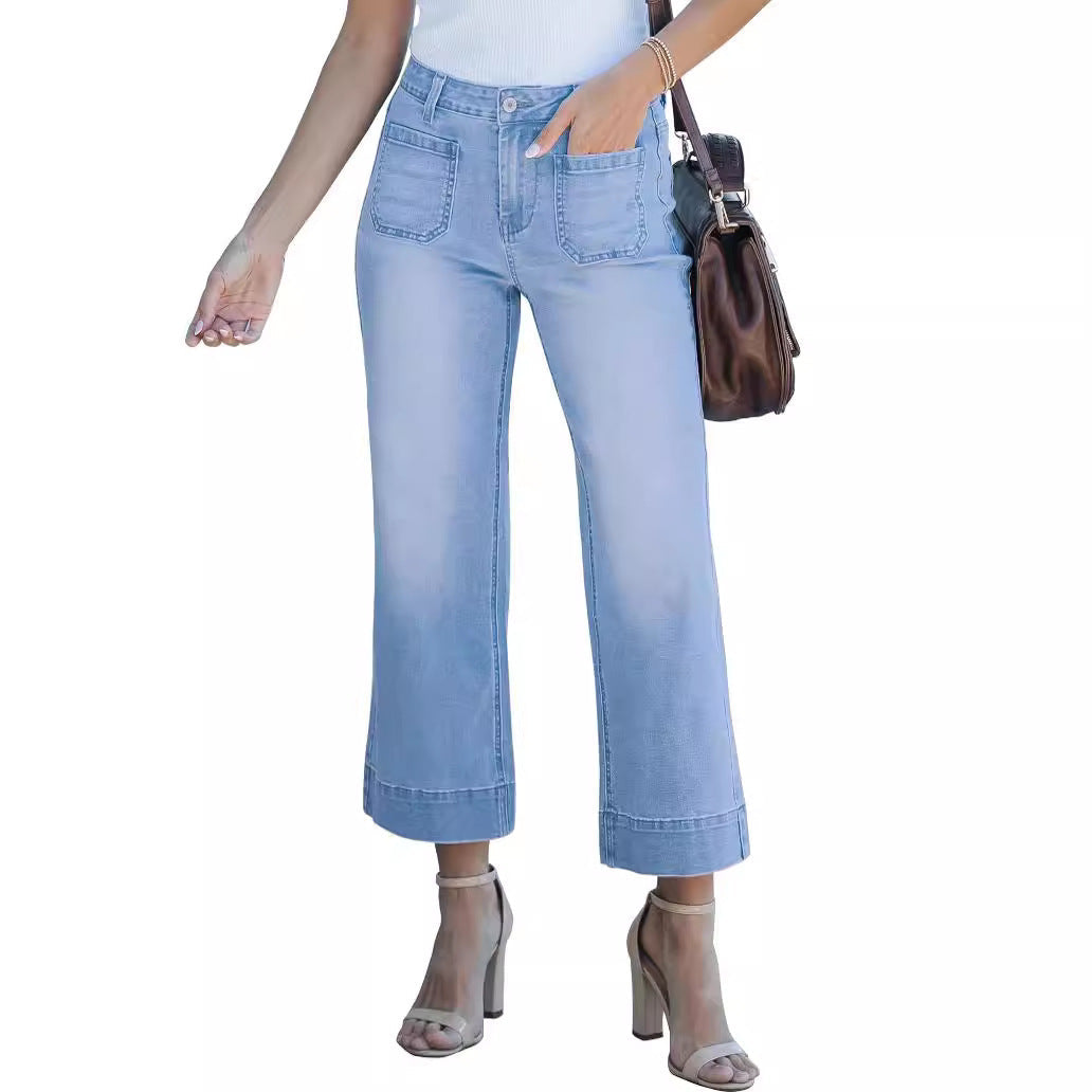 Slimming And Wide Leg Straight-leg Pants Washed Jeans Cropped Pants Limorista