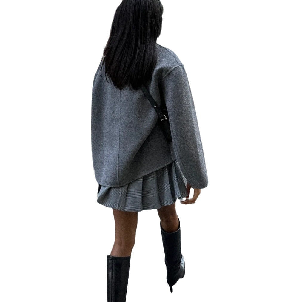 Limorista - Short Double Breasted Solid Color Coat Casual Temperament British Top