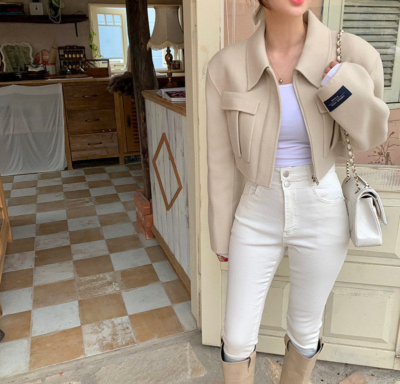French Style Design Flap Pocket Zipper Short Woolen Coat Limorista