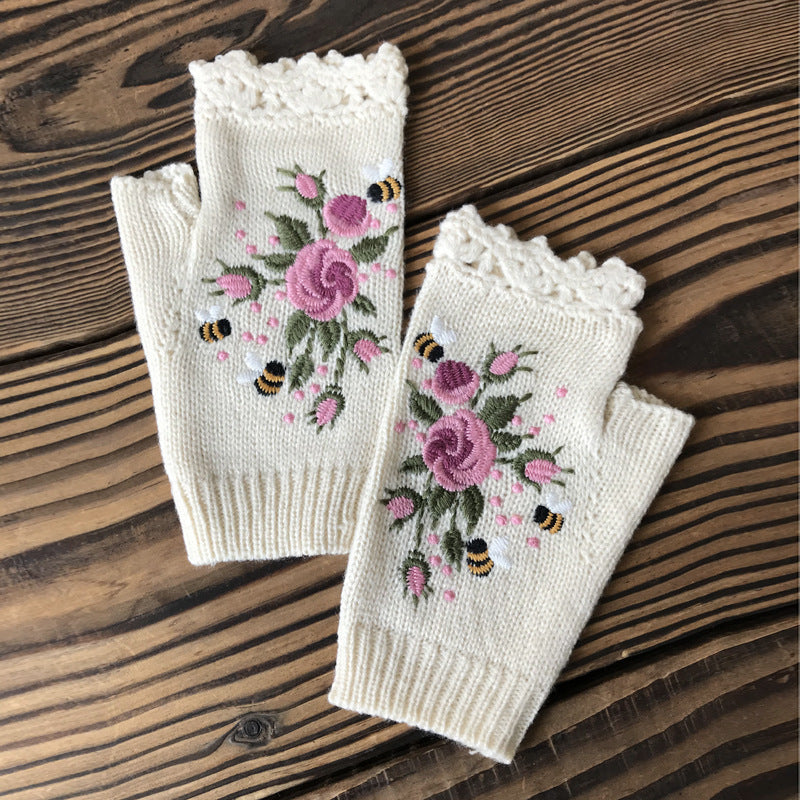 Embroidered Ladies Warm Gloves Bee Floral Knit Limorista