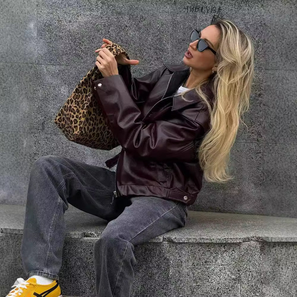 Solid Color Lapel Zipper Jacket Fashion Casual Long Sleeve Leather Coat Tops Women Clothing Limorista