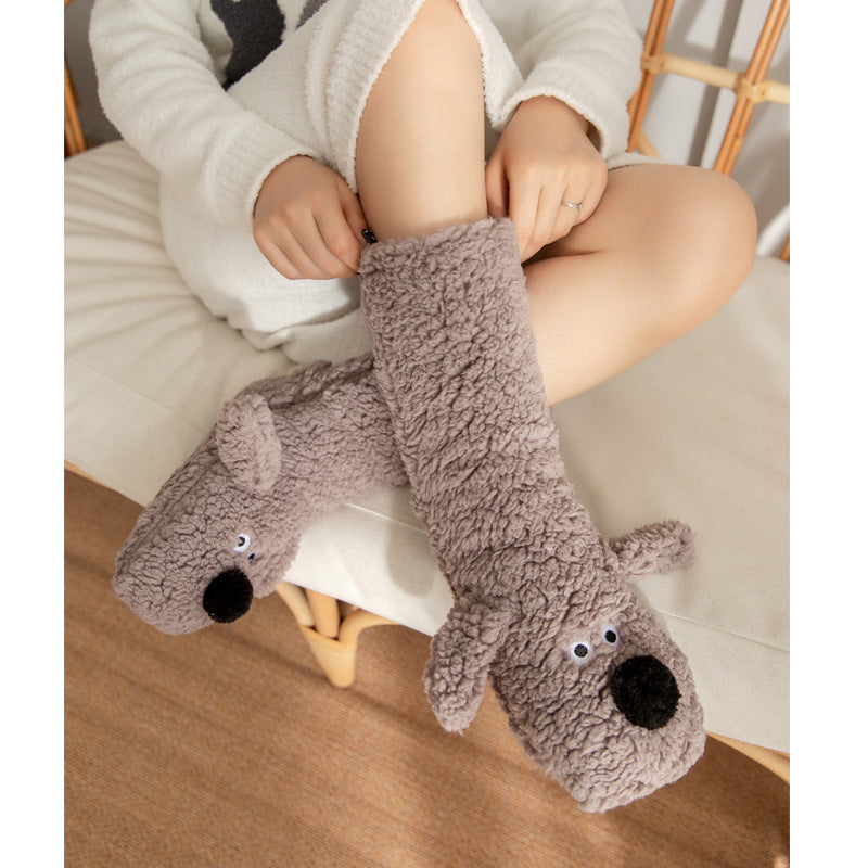Cute Cartoon Dog Floor Socks Winter Warm Non-slip Plush Socks For Women Limorista