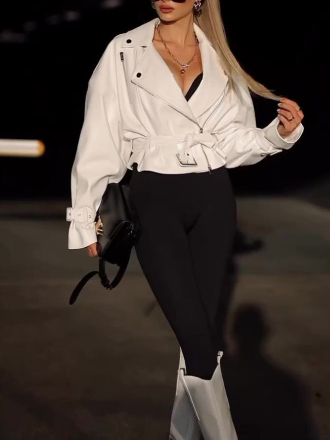 Solid Color Leather Cropped Jacket Limorista