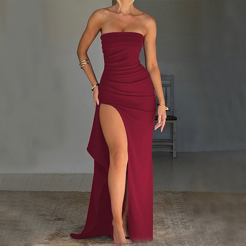 Strapless Split Long Dress Summer Fashion Pleated Bridesmaid Dress For Womens Party Wedding Clothing Limorista
