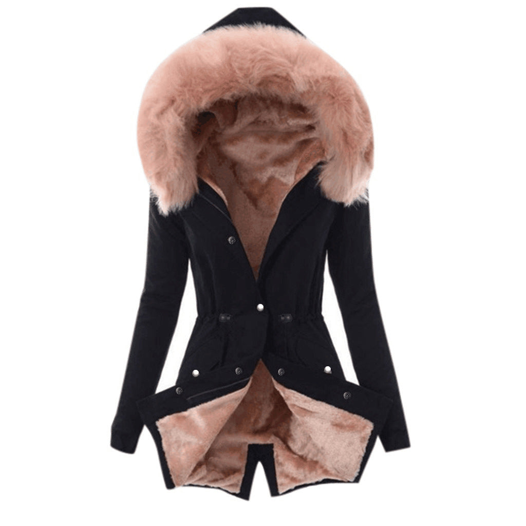Fur collar drawstring solid color warm cotton coat Limorista