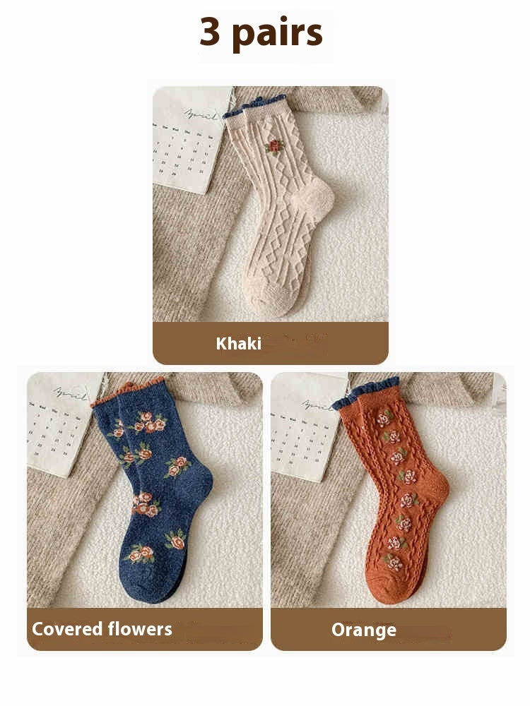 Vintage Small Flower Wool Socks Fleece Lined Padded Warm Keeping Tube Socks Limorista