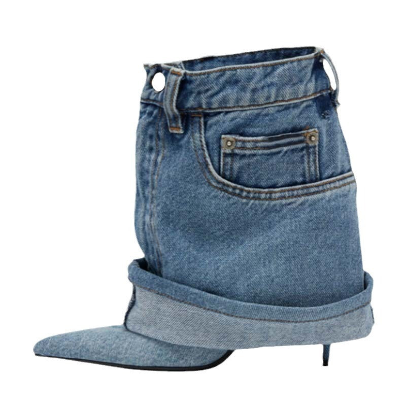 Pointed-toe Washed Denim Pantskirt Stiletto Heel Ankle Boots Limorista