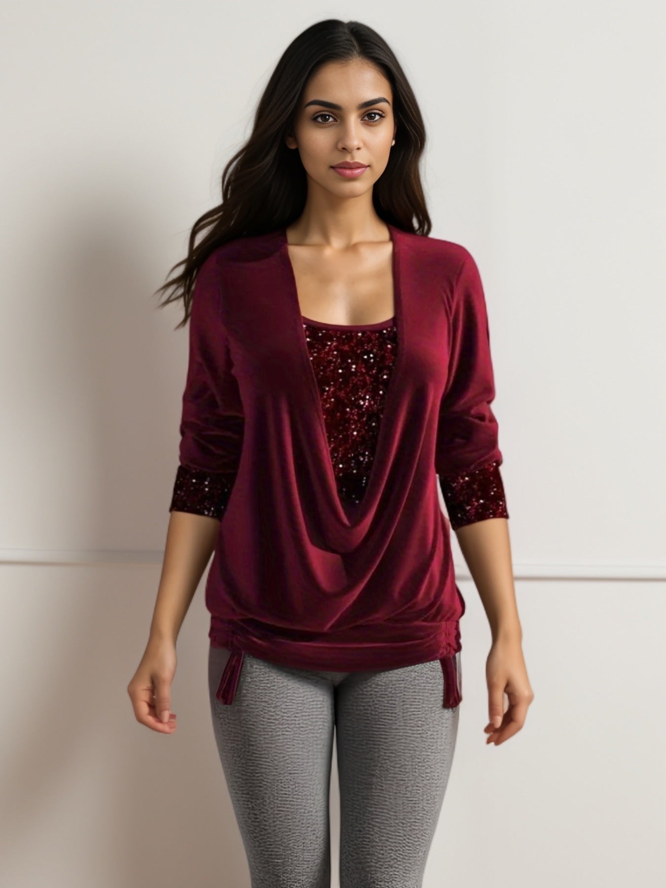 Limorista - Sequin Contrast Solid Color Long Sleeve Women&
