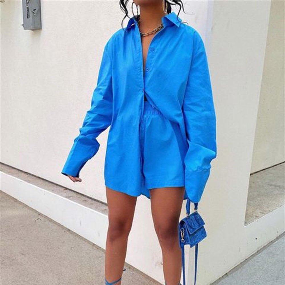 Solid Single Breasted Long Sleeve Lapel Shirt Shorts Limorista