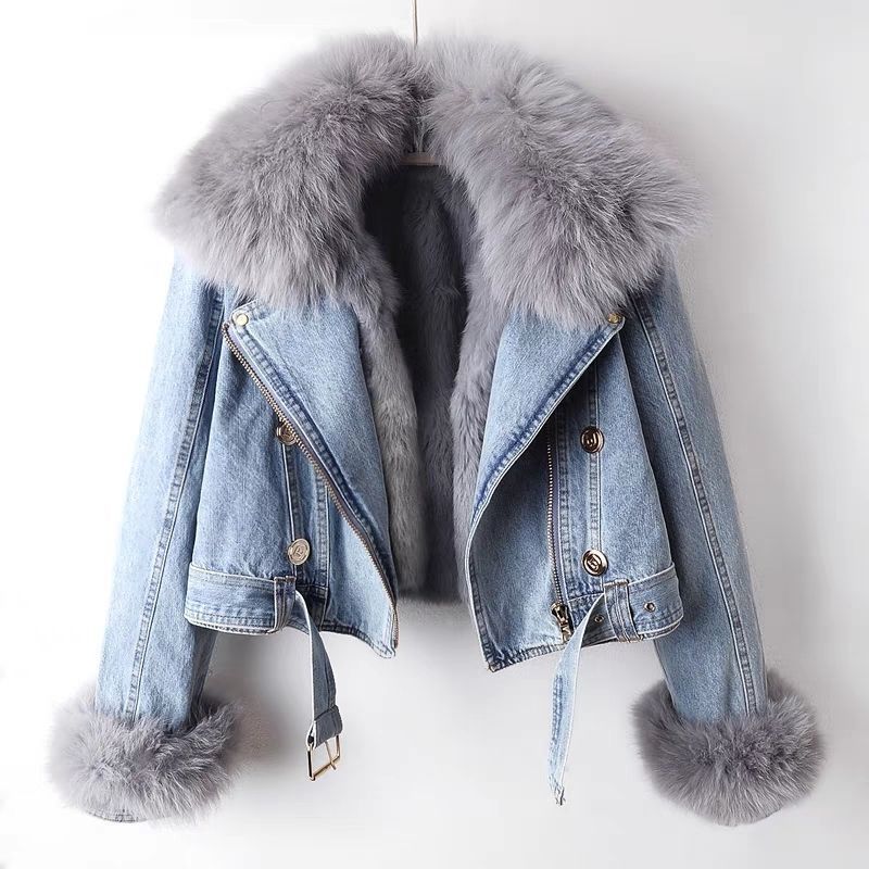 Detachable Fox Fur Rabbit Fur Liner Denim Coat Limorista