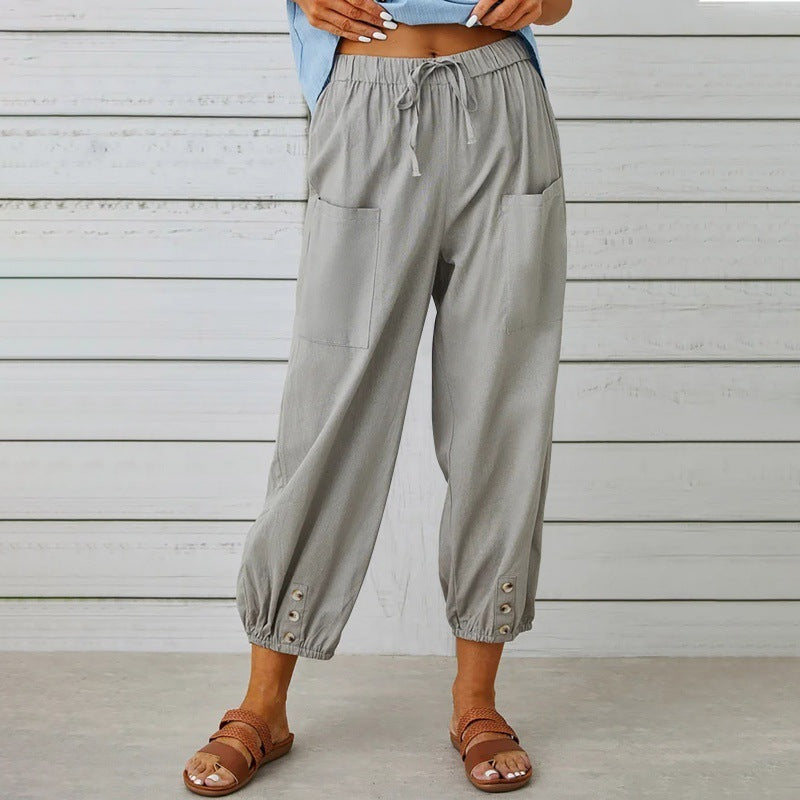 Loose High Waist Button Cotton And Linen Trousers Cropped Pants Wide Leg Women&
