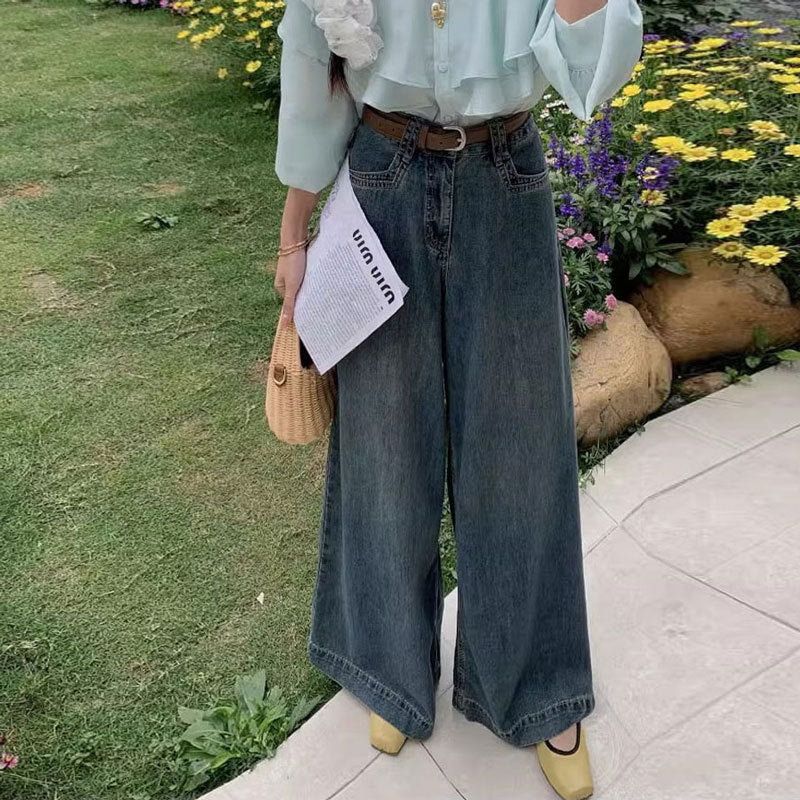 Large Wide-leg Jeans For Women, Loose Pear-shaped Retro Straight Trousers, Covering The Flesh, Versatile Autumn High Waist Mopping Pants Limorista