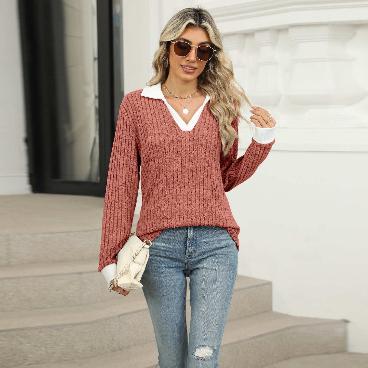 Lapel Long Sleeve Loose-fitting T-shirt Top Women Limorista