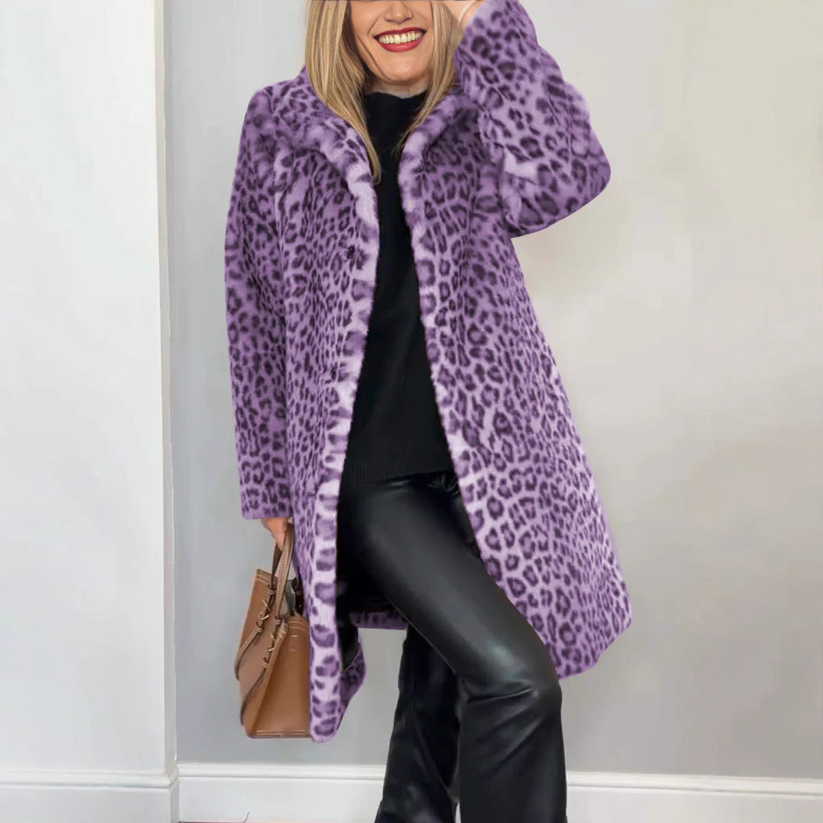 Fall Winter Leopard Print Plush Mid-length Coat Limorista