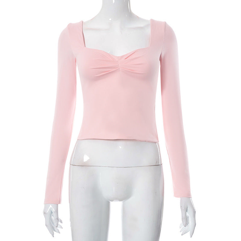 Autumn Ins New Solid Color Square Collar Long Sleeve Pleated Side Slit Top T-shirt For Women Limorista