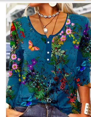 Limorista - Long Sleeved Geometric Flower Mang U-neck Button Up T-shirt For Women