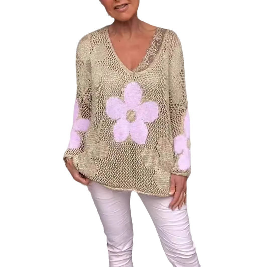 Limorista - Floral Knitted Hollow Out V-neck Shirt