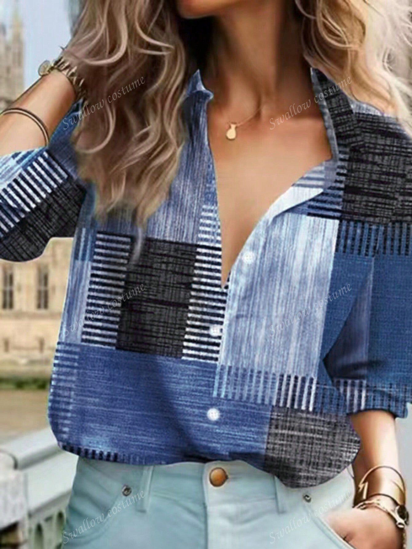 Color Block Button Print Long Sleeve Casual Retro Shirt Limorista