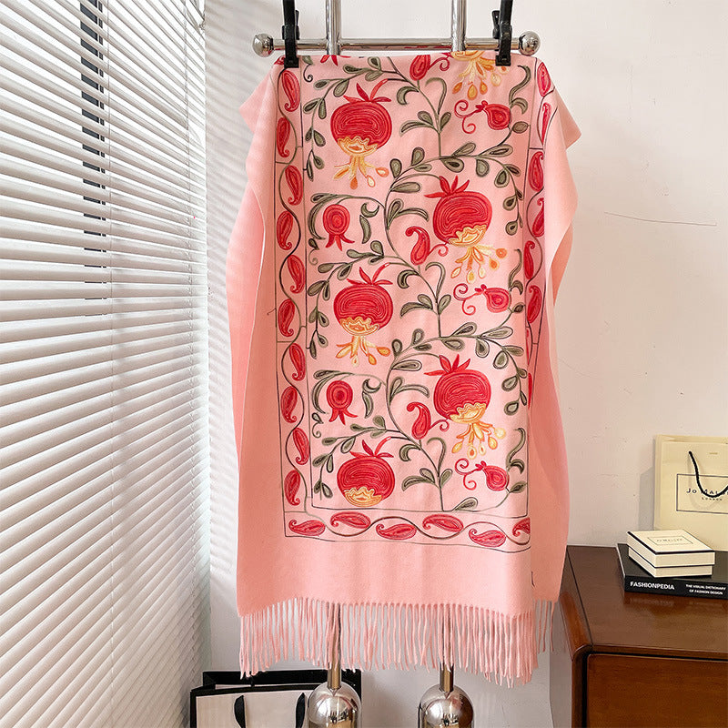 Contrast Color Pomegranate Leaf Embroidered Double-sided Shawl Limorista