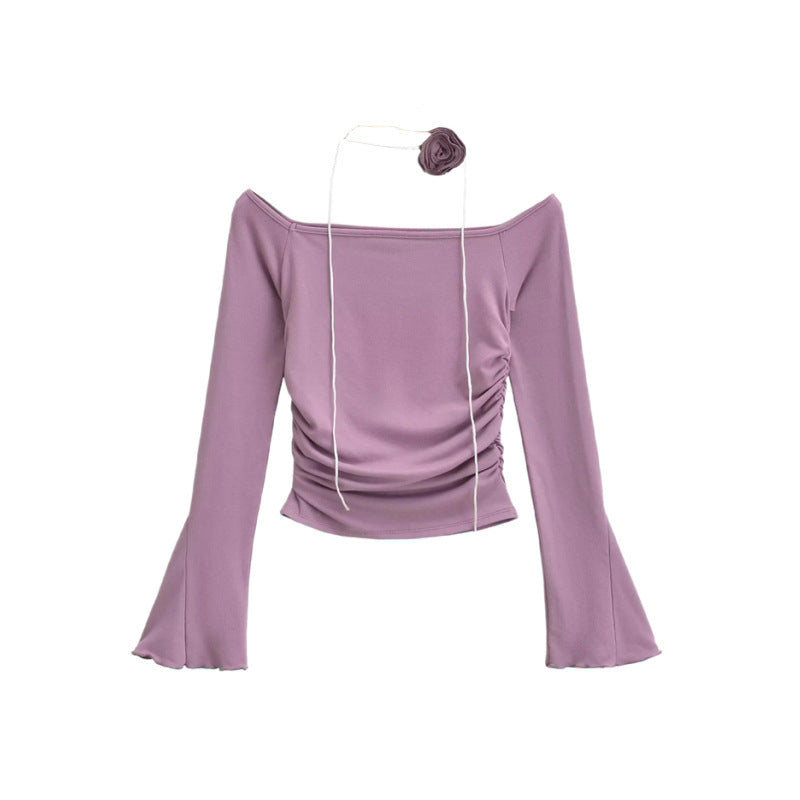 Limorista - Flower Horn Long Sleeve T-shirt Tight Pleated High Waist Short