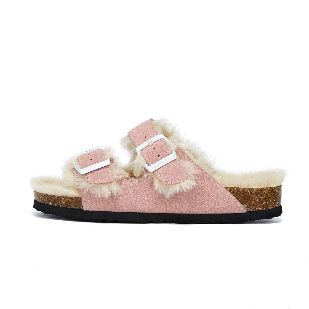 Autumn And Winter Plush Flat Bottomed Frosted Leather Boken Cork Slippers Limorista