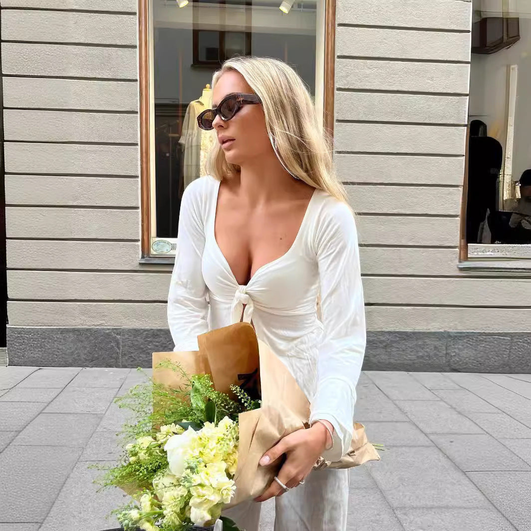 Knitted Stretch Solid Color Pullover Twisted Butterfly Long Sleeve V-neck Top Limorista