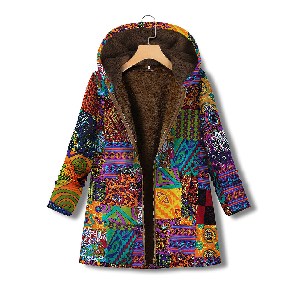 Printed cotton linen Hooded Coat zipper Limorista